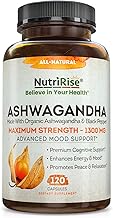 Ashwagandha 1300mg Made with Organic Ashwagandha Root Powder & Black Pepper Extract - 120 Capsules. 100% Pure Ashwagandha ...