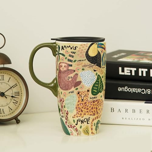 DUSVALLY Taza de viaje de cerámica con asa, tapa deslizante resistente a salpicaduras, perfecta para café y té, apta para microondas y lavavajillas,