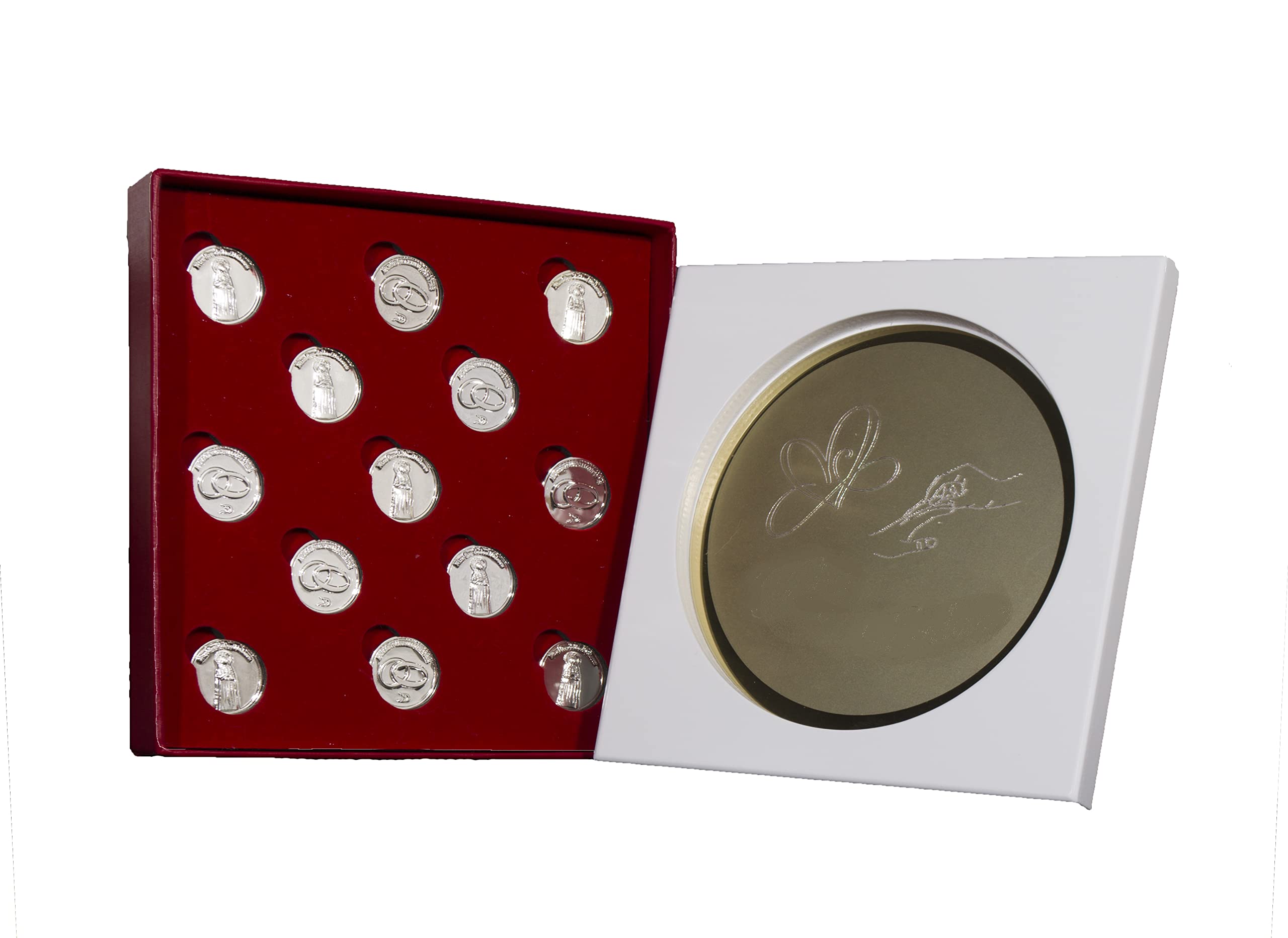 DOCOLASTRA Arras de la Vírgen de los Dolores,Personalizable con Bandeja Convertible en Placa de Recuerdo y llevanza de Alianzas para Bodas y Enlaces.