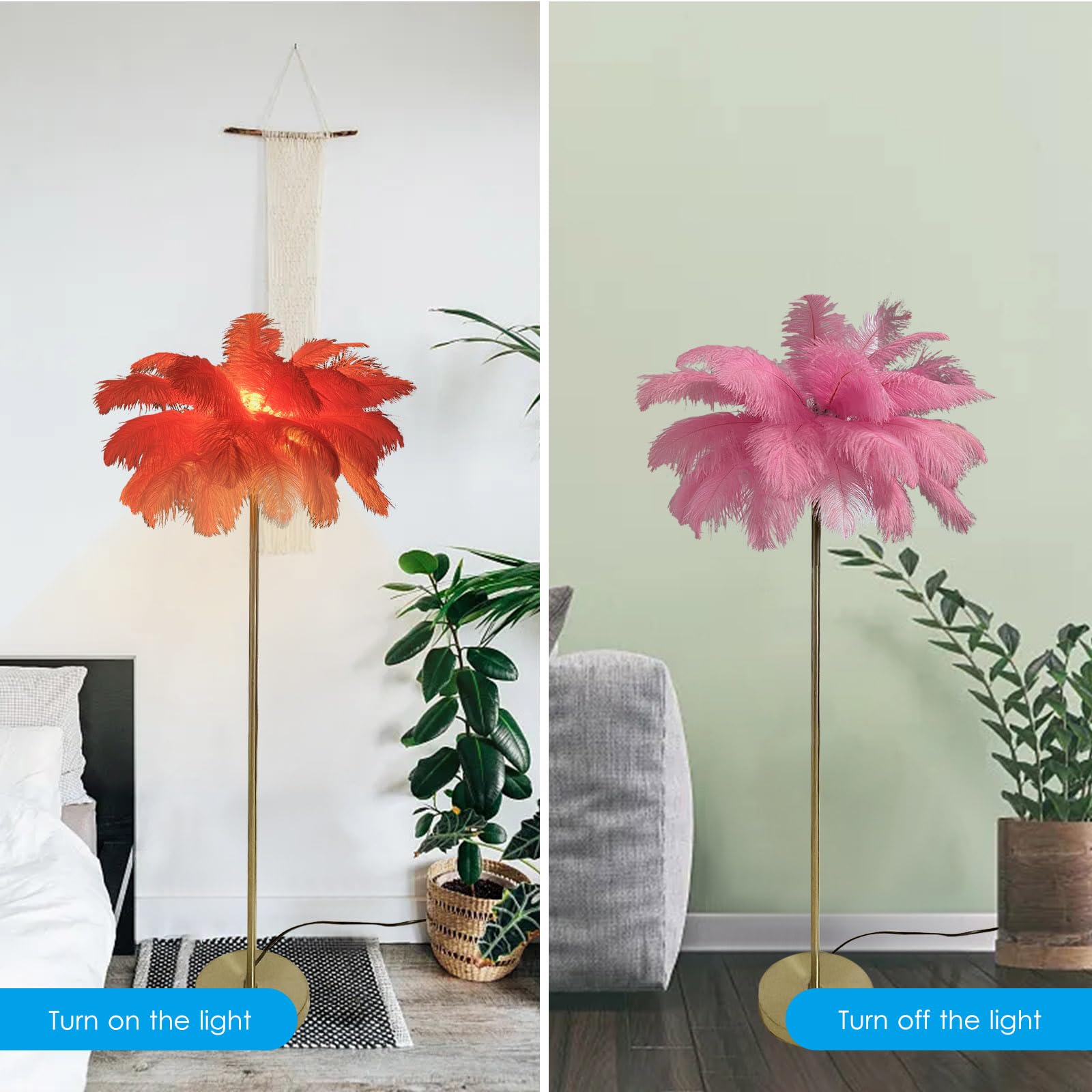 Lampada da Terra con Piume, Piuma di Struzzo Naturale Rosa Lampada da Terra Bianca Lampada da Terra Moderna con Piume Interruttore a Pedale Dimmerabile Camera da Letto Romantica per Ragazza Lampada