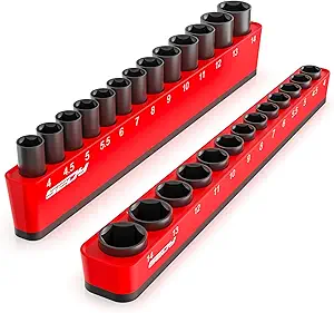 2-Piece 1/4"-Drive Metric Magnetic Socket Organizer Set (Holds 26 Sockets) - Detachable Tool Tray with 5mm Magnetic Base, Screw-Fixed Design & Heavy-Duty Modular Storage for Garage/Home Workshop