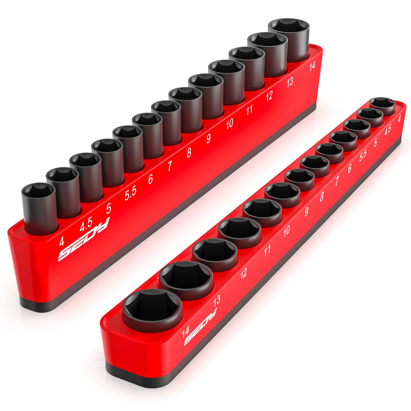 2-Piece 1/4"-Drive Metric Magnetic Socket Organizer Set (Holds 26 Sockets) - Detachable Tool Tray with 5mm Magnetic Base, Screw-Fixed Design &amp; Heavy-Duty Modular Storage for Garage/Home Workshop