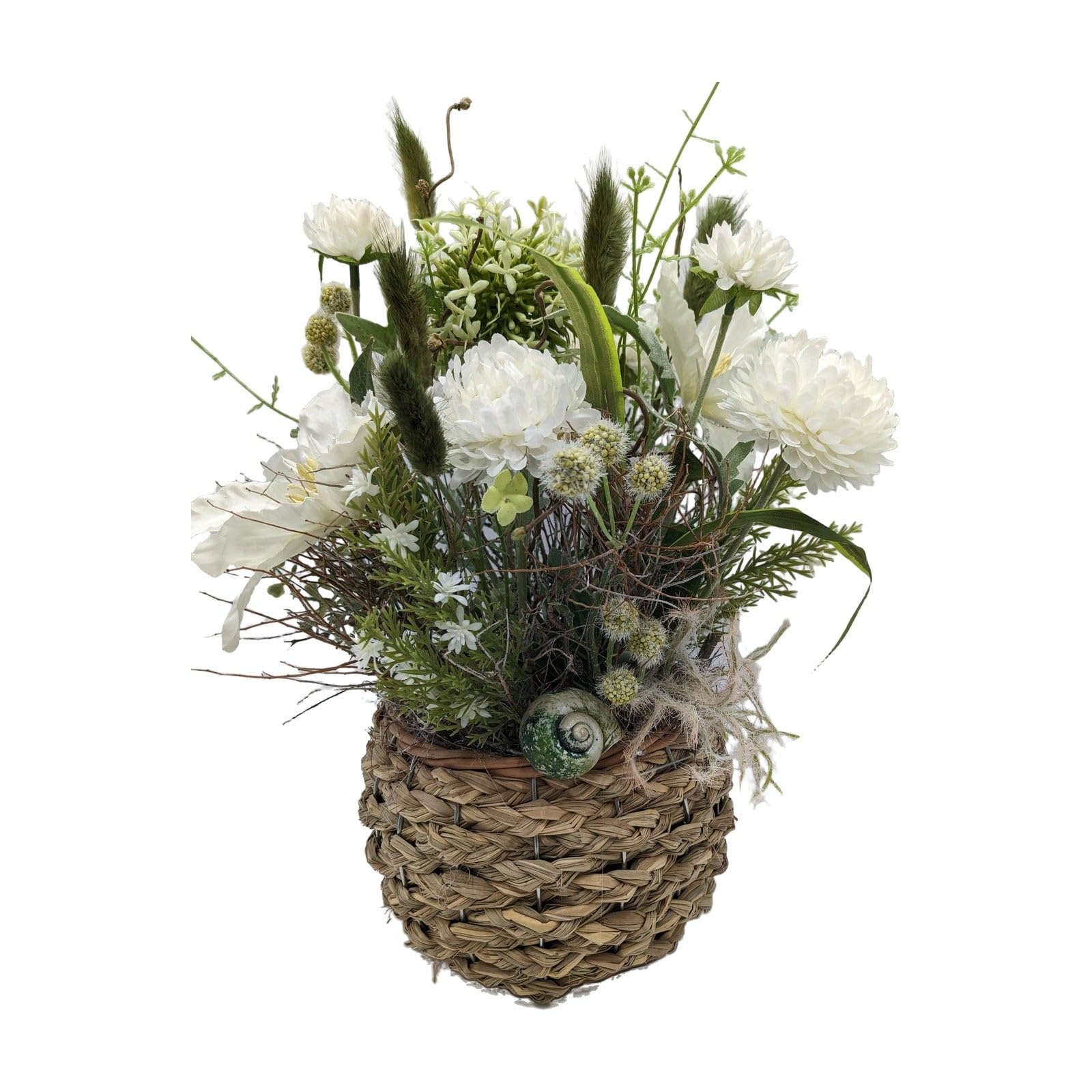 Frühlingsgesteck Dahlien Gräser Korb Weiss grün