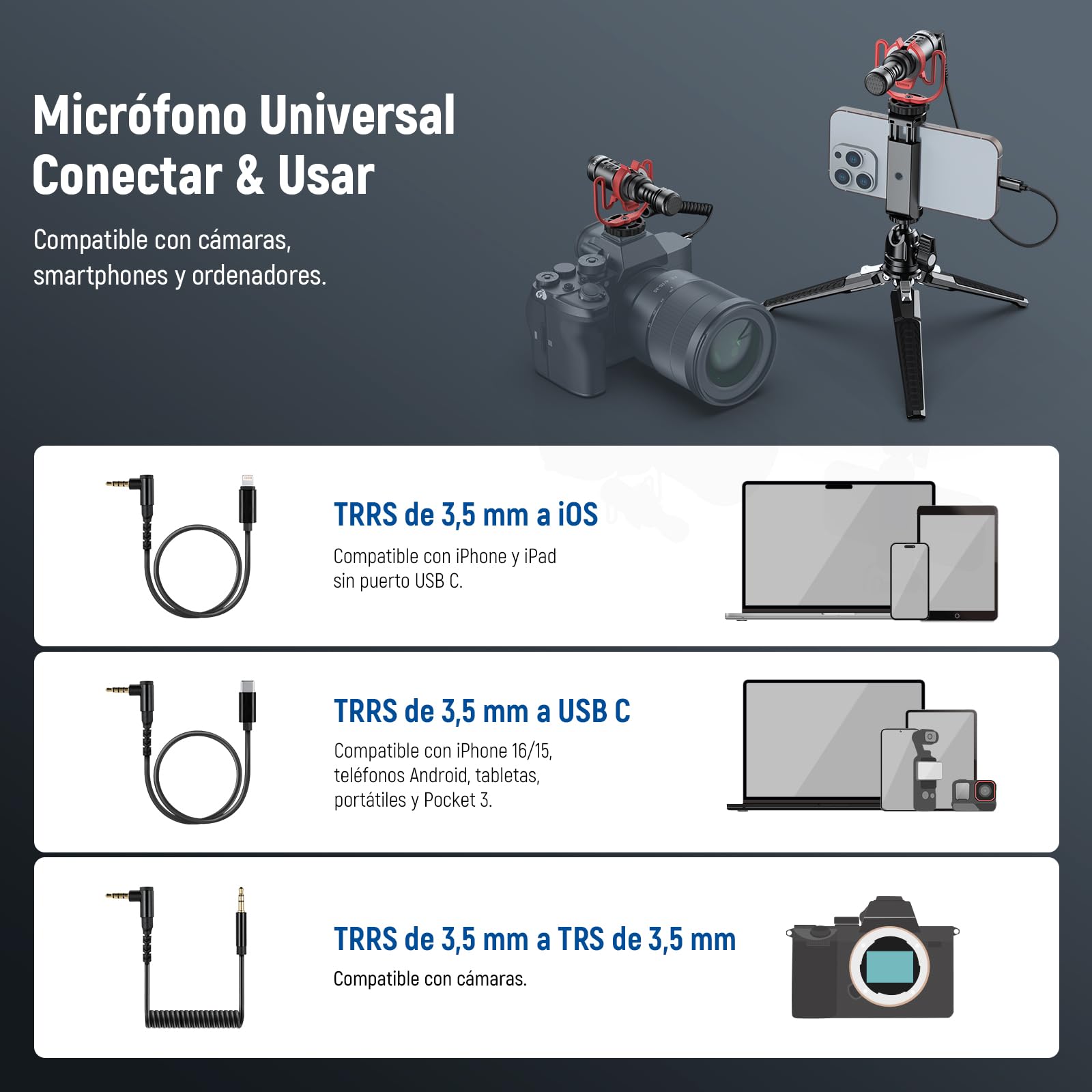 NEEWER Conectar & Usar Micrófono Vlog para Cámara DSLR, Compatible con iPhone Mac Android Teléfono Tableta Portátil PC, 20-20 KHz Mini Mic Supercardioide con Dos OTG para Grabación Streaming, VM11