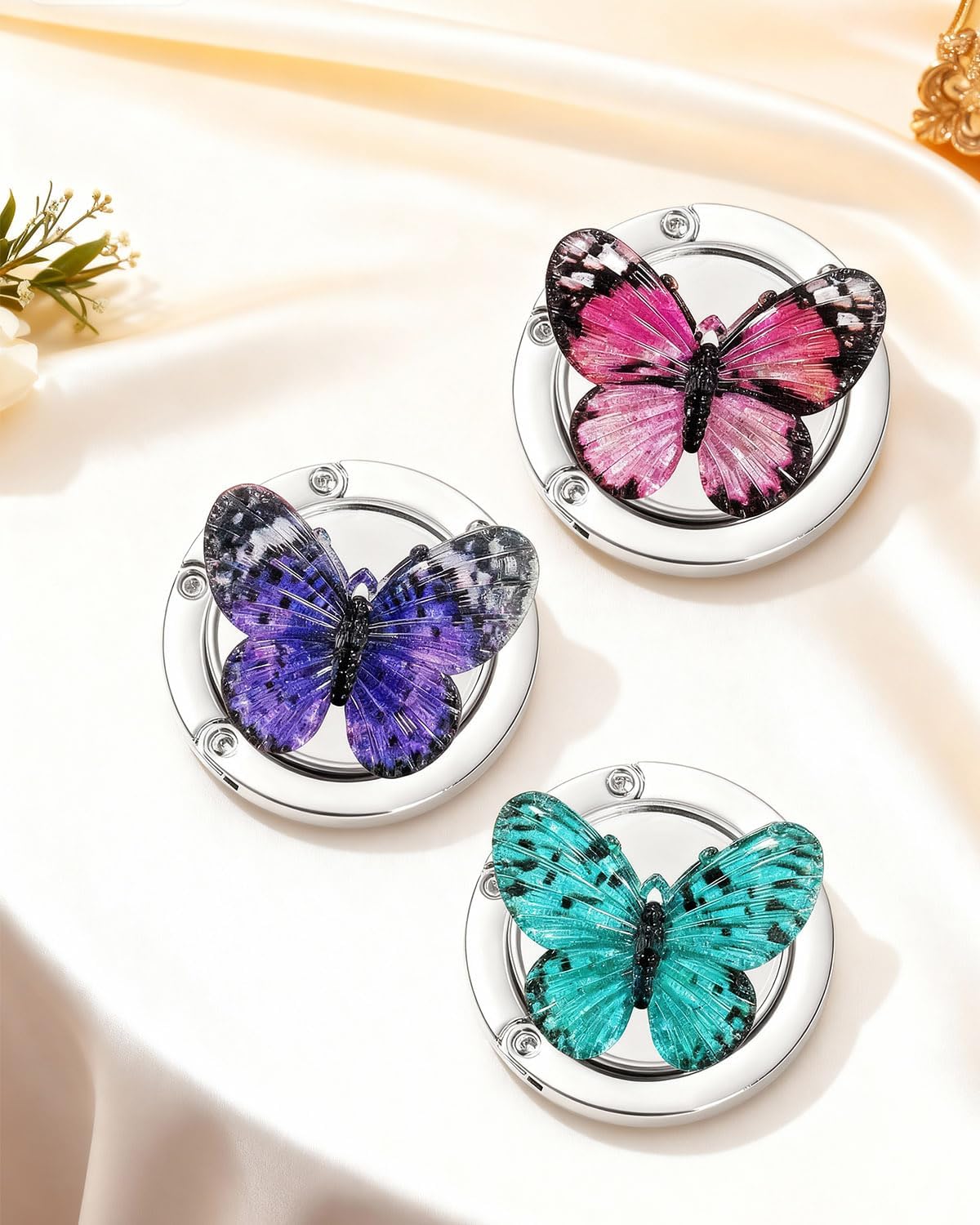 3 Pack Butterfly Foldable Handbag Hanger Holder, Folding Hooks for Womens Bag Purse Table Hook, Space Saving Colorful Decor Hook