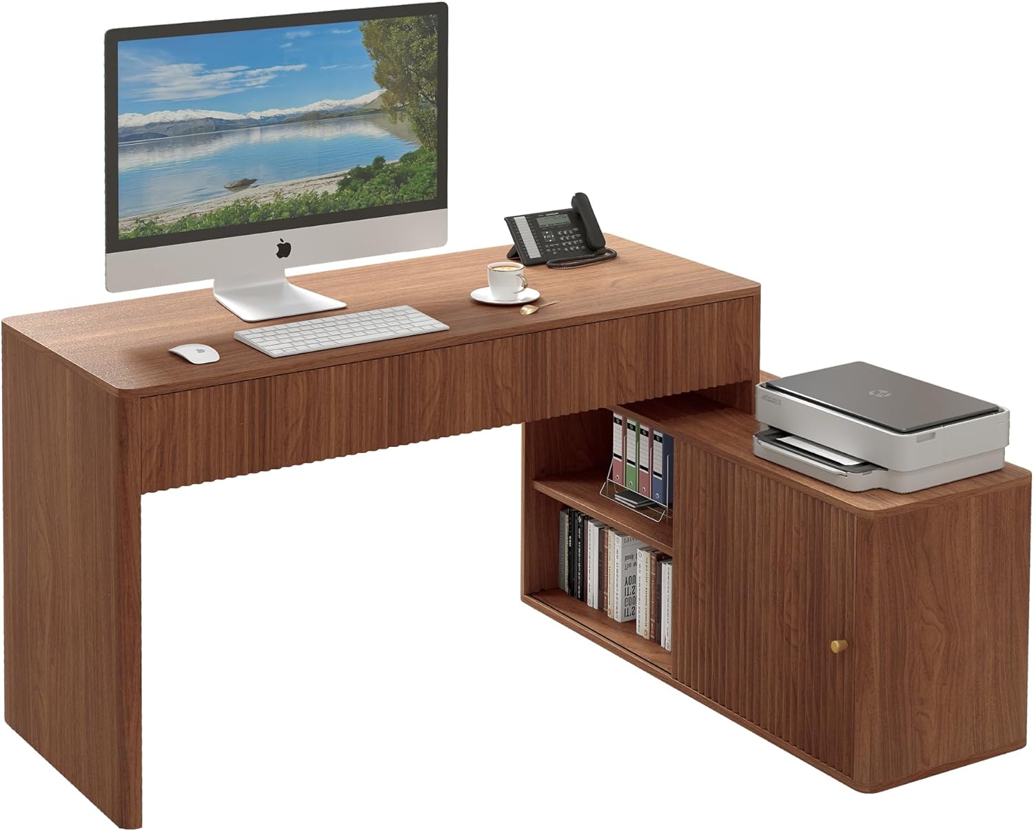 Affeivul L-Shaped Corner Desk with Drawers & Storage Cabinet - Modern Walnut Home Office PC Desk for Small Spaces, Bedroom, Study