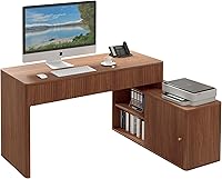 Affeivul L-Shaped Corner Desk with Drawers & Storage Cabinet - Modern Walnut Home Office PC Desk for Small Spaces, Bedroom, Study