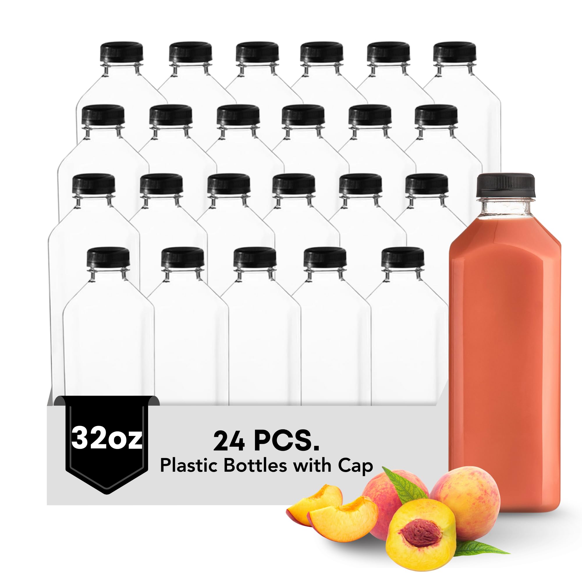 Hammont Plastic Bottles with Caps - Clear PET Iced Coffee & Juice Bottles, Pack of 24 - Reusable Juicing Bottle - Ideal for Cold Drinks (32oz)