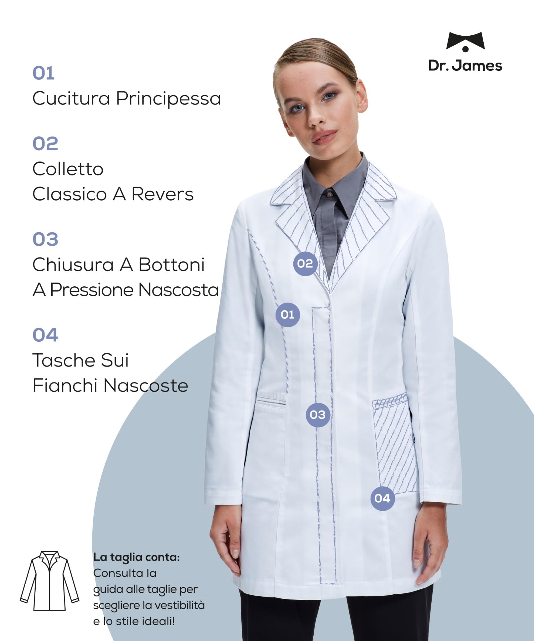 Dr. James Camice da Laboratorio Premium Sartoriale Donna, Vestibilità Slim Fit, Chiusura con Bottoni a Pressione a Scomparsa, Due Tasche, Lunghezza 84 cm, Tessuto Certificato OEKO-TEX