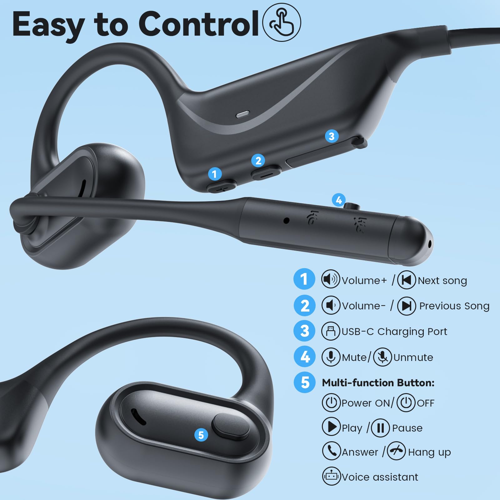 Bluetooth Headset mit Mikrofon Stummschalttaste, Multipoint-Verbindung, 29g | Bluetooth 5.4, Open-Ear Design,Rauschunterdrückendes Mikrofon für Büro, Meetings, Fahren, Typ-C-Aufladung
