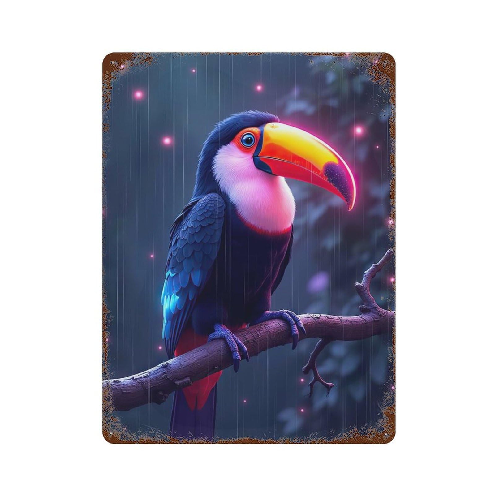 Rust Effect Neon Glowing Toucan in The Rain Rusty Metal Tin Sign 15.7"x11.8", Rustic Home Decor for Bistro, Counter And Cafe Decor