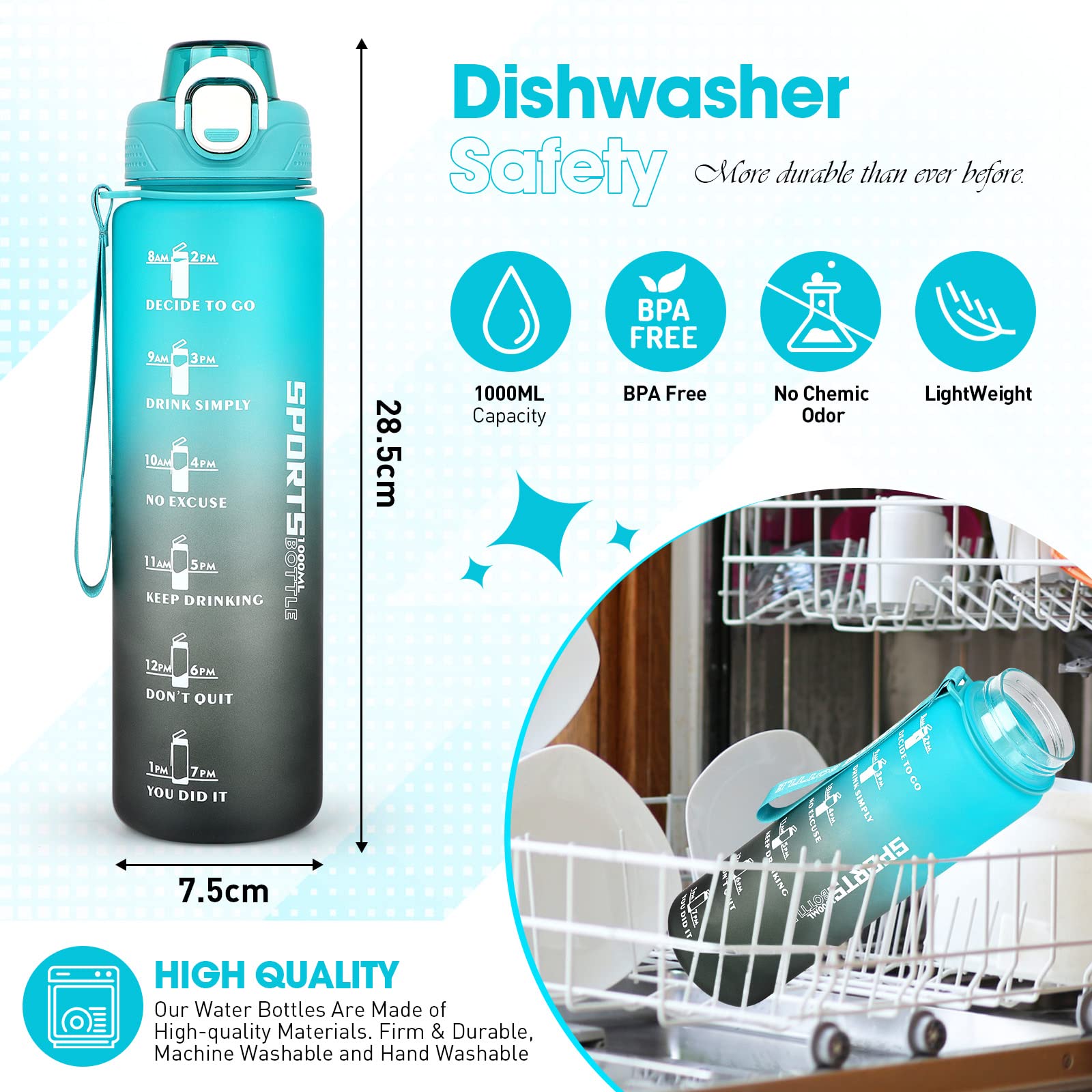 Bouteille D'eau AOHAN 1L Avec Paille Et Marquage Horaire – PCT-G Sans BPA, Anti-fuite, Avec Brosse De Nettoyage – Pour Sport, Gym, Bureau