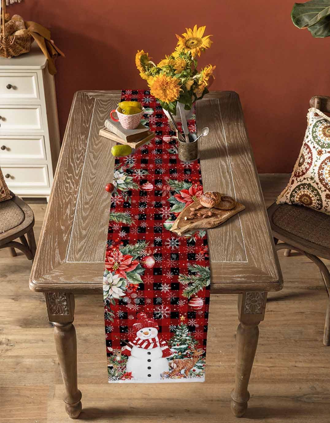 Red Plaid Snowman Christmas Table Runner - 120 Inch Long Xmas Balls Cotton Linen Dress Scarves Botanical Tree Elk Farmhouse Table Runner for Kitchen, Coffee Table, Christmas Party 13"x120"