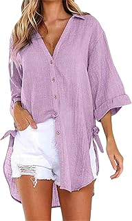 Silunma2021 Women's V Neck Loose Lace Up Shirts Solid Color Button Down Casual Top Breathable Blouses Tops Boyfriend Tunics