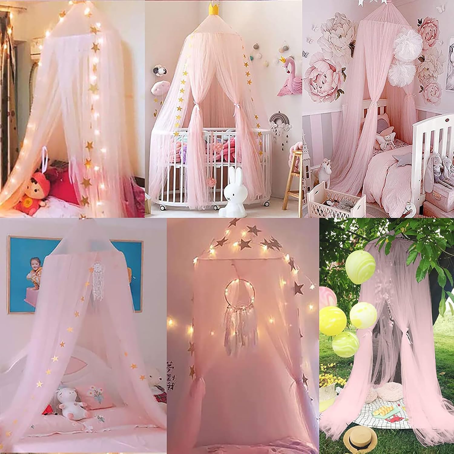 Girls' Princess Bed Canopy with Lights - Round Mosquito Netting for Twin Beds, Blue Dome Bed Curtains - Dreamy Decor for Kids' Bedrooms Grey