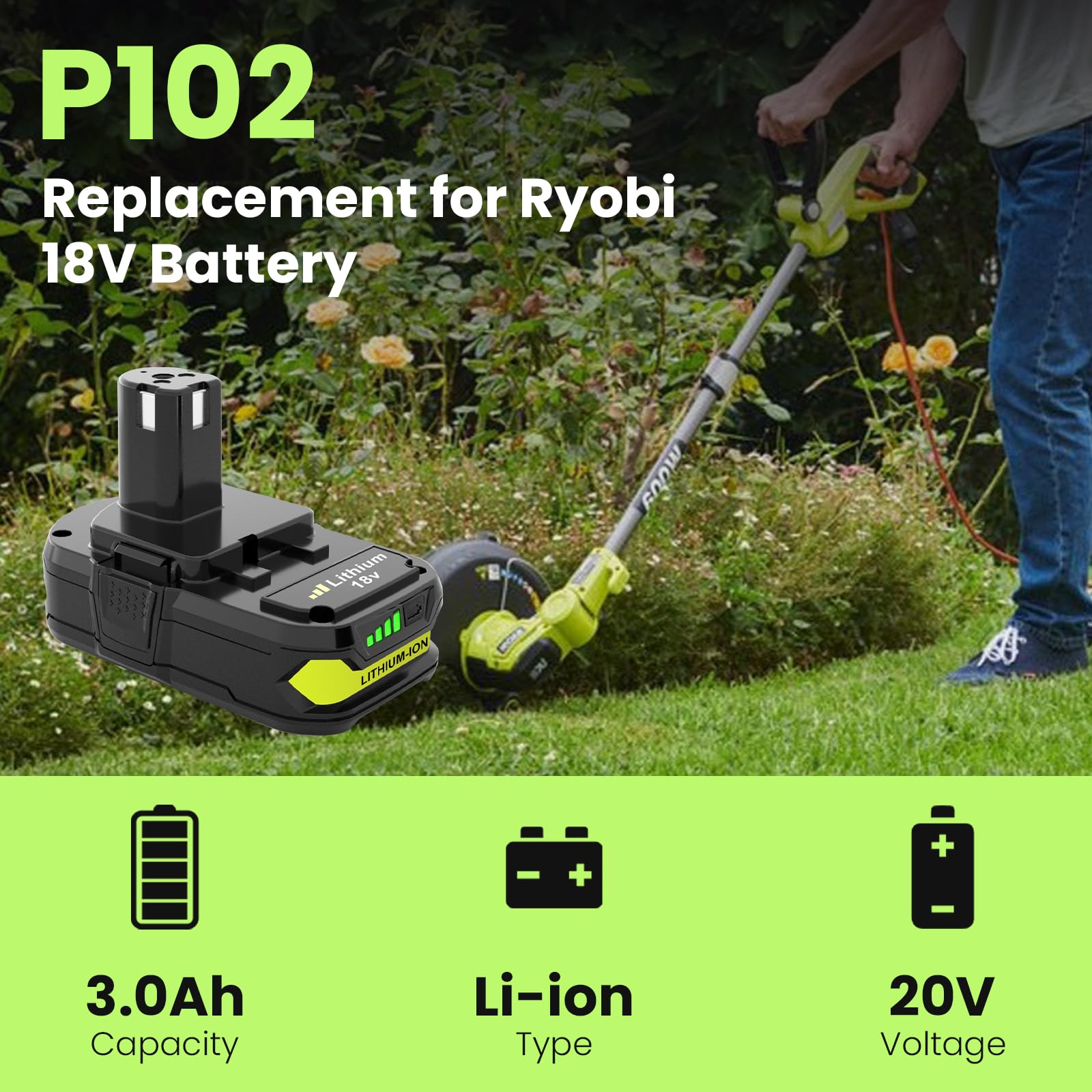 Amsbat 2-Pack 3.0Ah 18V Lithium Ion P102 Battery Replacement for Ryobi 18V Battery Compatible with Ryobi 18 Volt Batteries P102 P103 P104 P105 P107 P108 P109 BPL18151 BPL1820