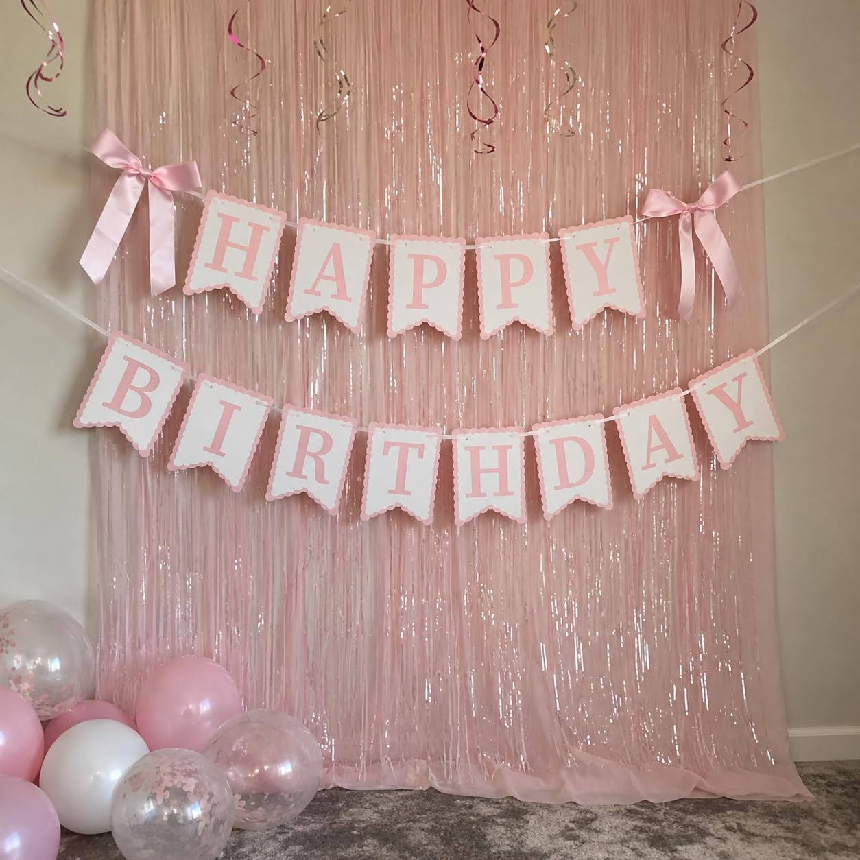 Pink Happy Birthday Banner with Satin Bows, Coquette Birthday Decorations