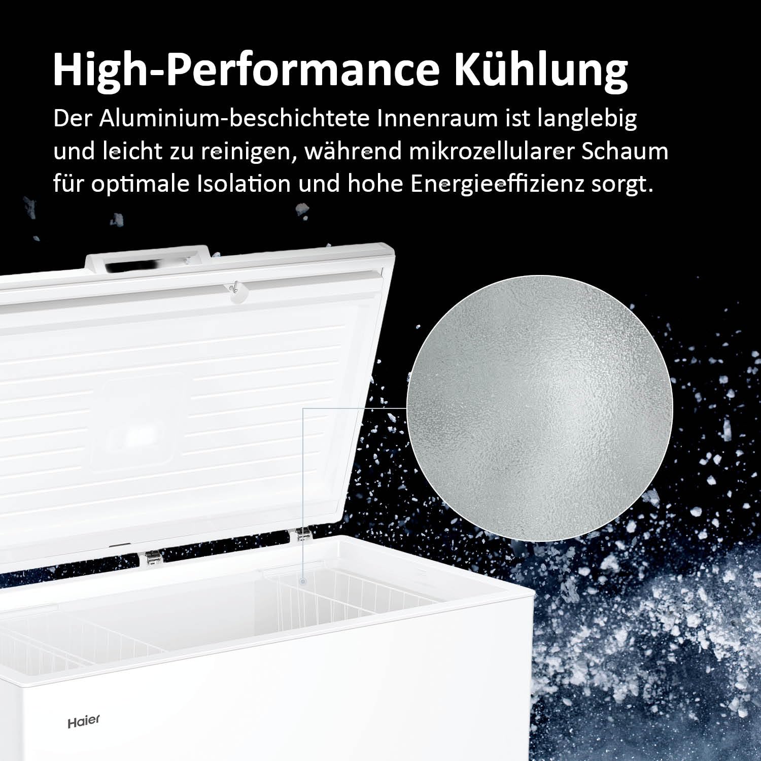 Haier HCE420D Gefriertruhe 418 L Tiefkühltruhe mit Innenbeleuchtung Schnell-Gefrierfunktion Low Frost 3 Metallkörben Energieklasse D
