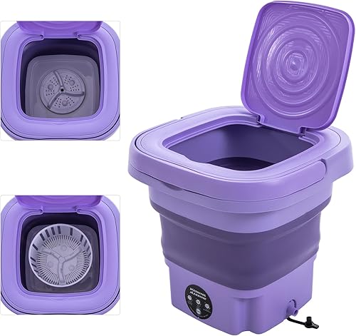 Miniatura 3 de Mini lavadora portátil de 8 litros con cesta de drenaje, lavadora eléctrica plegable para apartamentos, camping, caravana, viajes (morado)