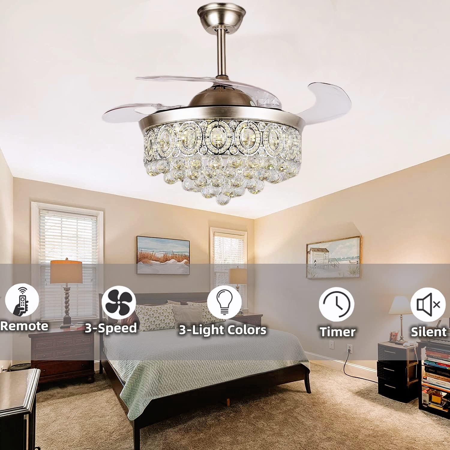 RuiWing 42" Crystal Ceiling Fan with Lights, Modern Remote Control Fandelier Retractable Blades 3 Light Color Change Chandelier 3 Speeds Silent Fan Lighting Fixtures for Living/Dinner Room Bedroom