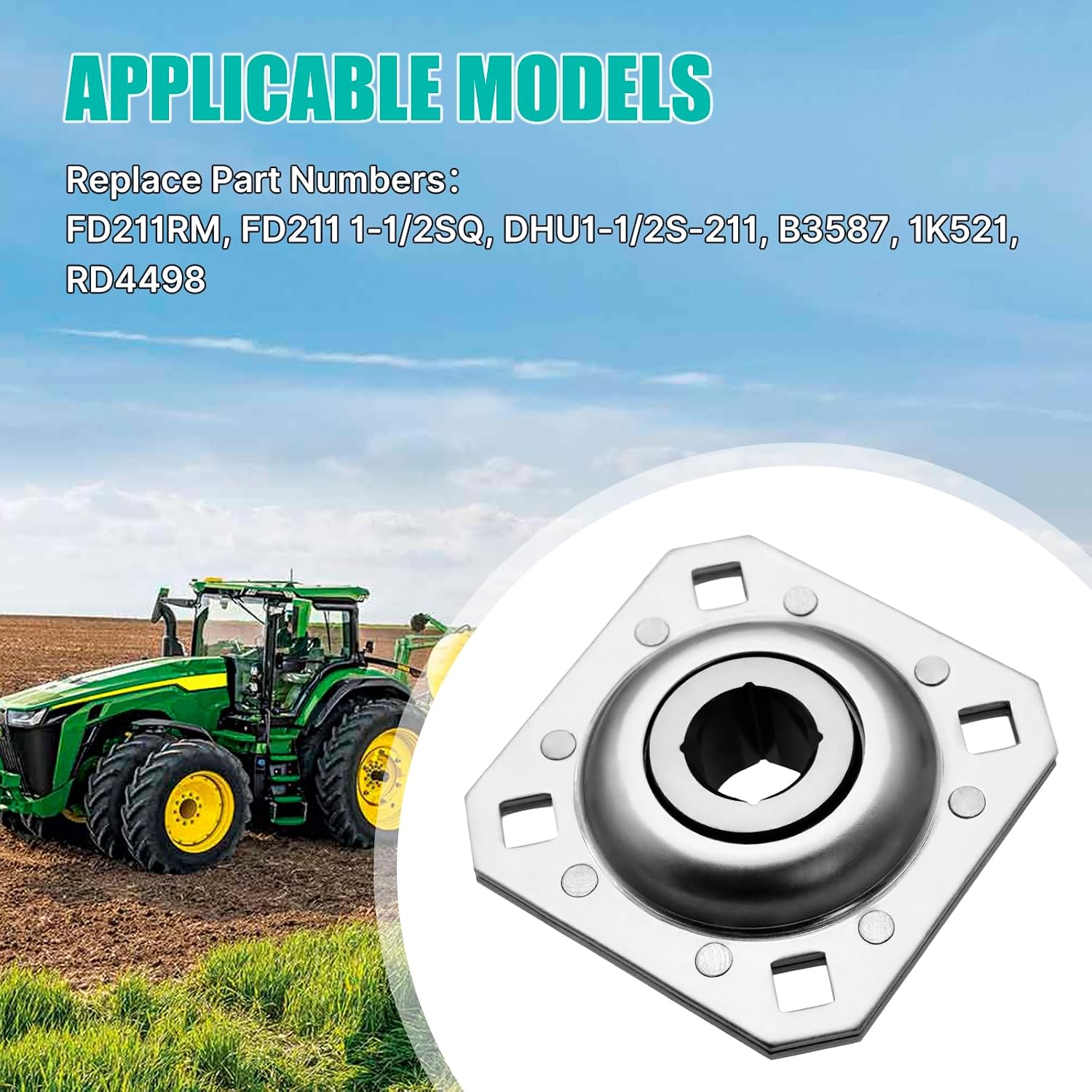 Hex Autoparts Flanged Disc Harrow Bearing 1-1/2" Square Bore Replacement for FD211RM, FD211 1-1/2SQ, Harrow Disc Bearing Compatible with Landoll Kewanee Mcfarlane Agricultural Disc Harrows, 1.5" (1PC)