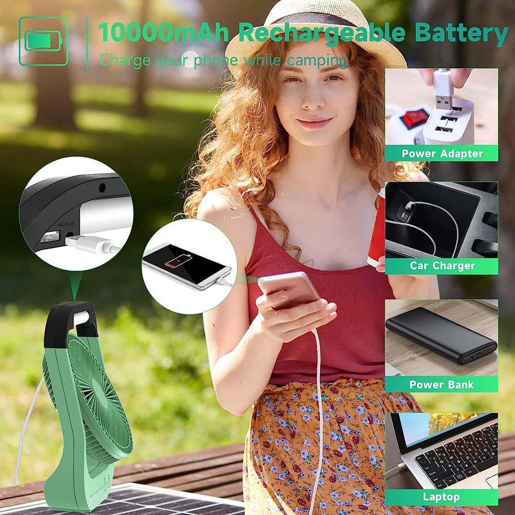 Ventilador de Escritorio USB 10000MAh Ventilador con BateríA Recargable Ventilador de Mesa de 4 Velocidades Ventilador de Camping de 8 Pulgadas Luz LED de RotacióN de 180°