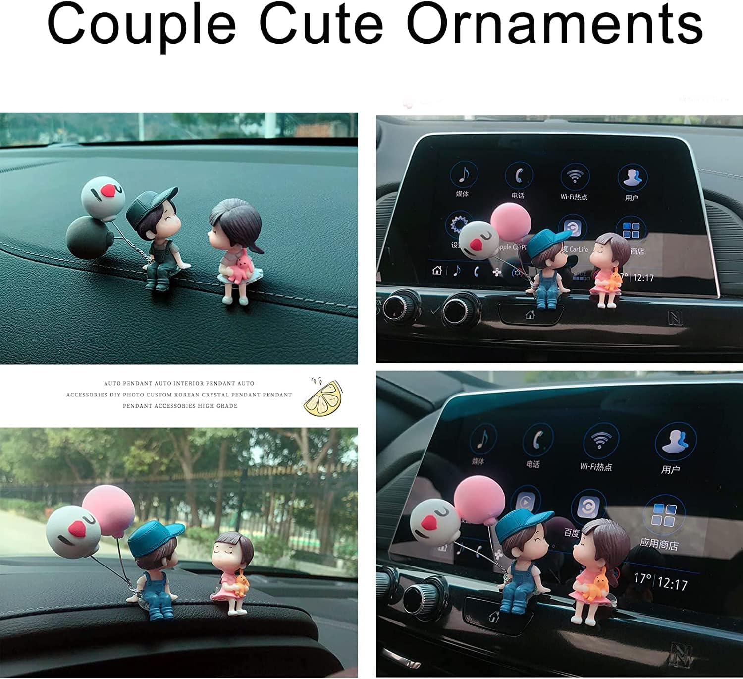 Cute Car Decoration Lovely Couple Car Decoration Cute Cartoon Couples Action Figure Figurines Balloon Ornament Auto Interior Dashboard Accessories for Boys Girls Gifts (Pink&Green Balloon)