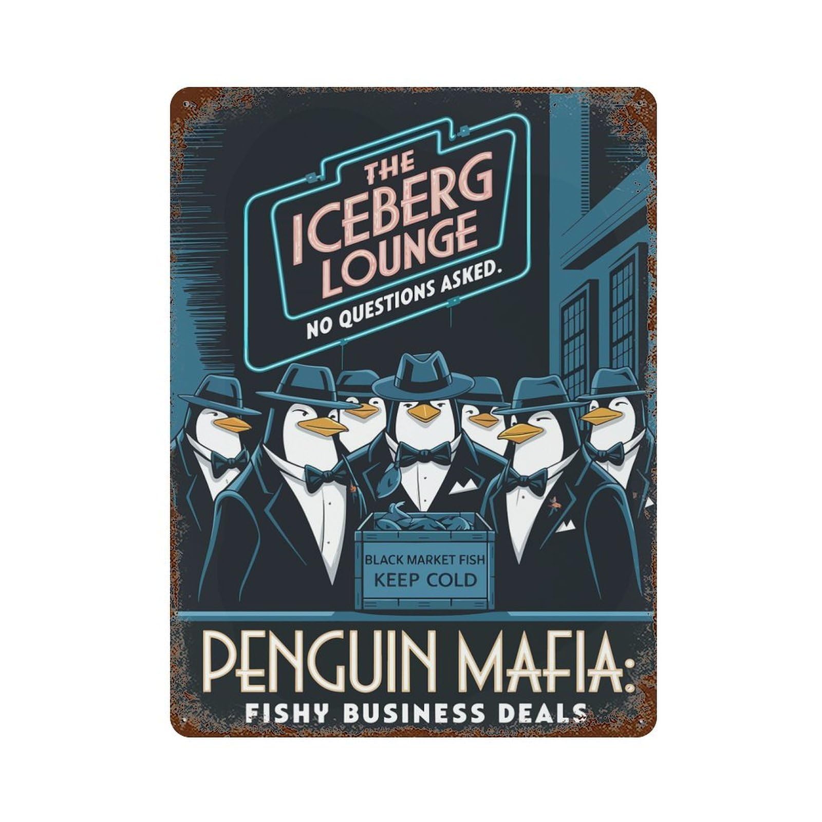 Rust Effect Penguin Mafia Fishy Business Deals Weathered Tin Sign 15.7"x11.8", Classic Wall Plaque for Living Room, Hallway And Home Decor