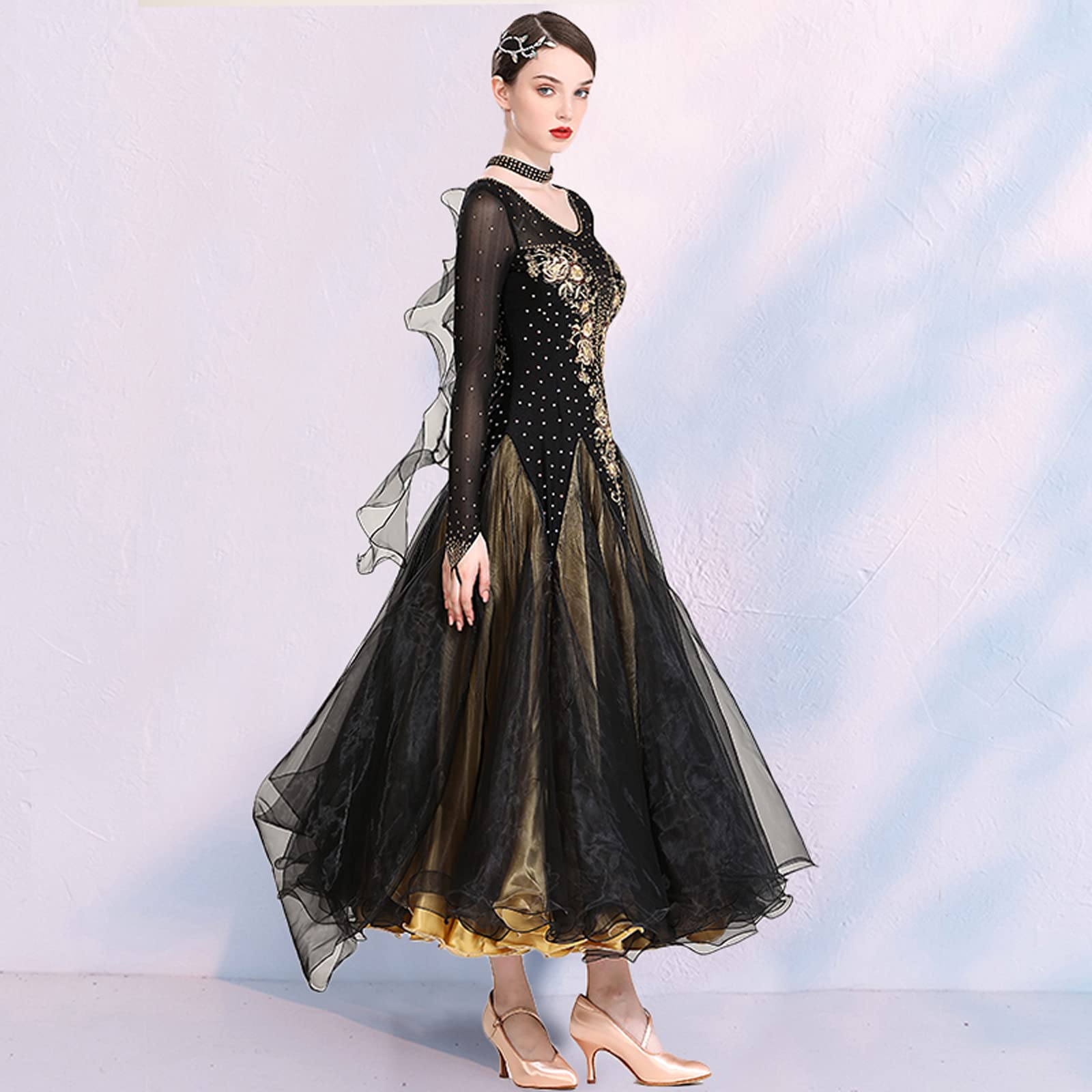 Abiti da Ballo da Sala A Maniche Lunghe Abbigliamento da Competizione National Standard Salsa Valzer Scollo Rotondo Costumi da Spettacolo Moderno Flamenco Strass Luccicanti,B,M