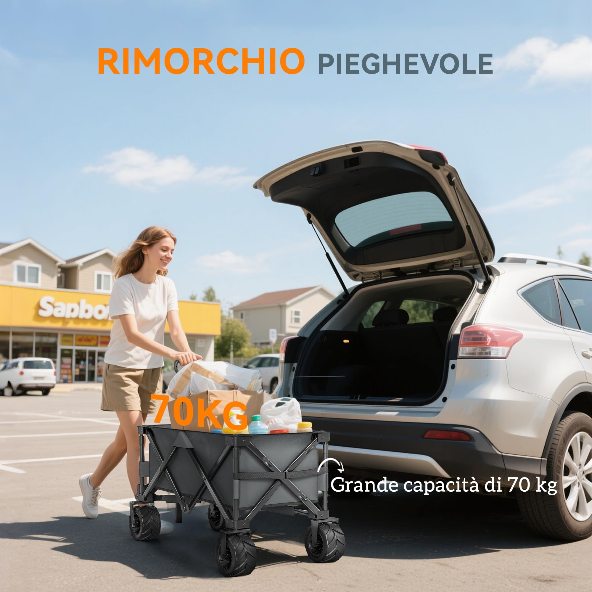 Outsunny Carrello da Campeggio 205L con 4 Ruote Ampie Grandi, Carrello Spiaggia Pieghevole in Acciaio e Tessuto Oxford con Maniglia Telescopica Regolabile, per Giardino Campeggio, Carico 70kg, Grigio
