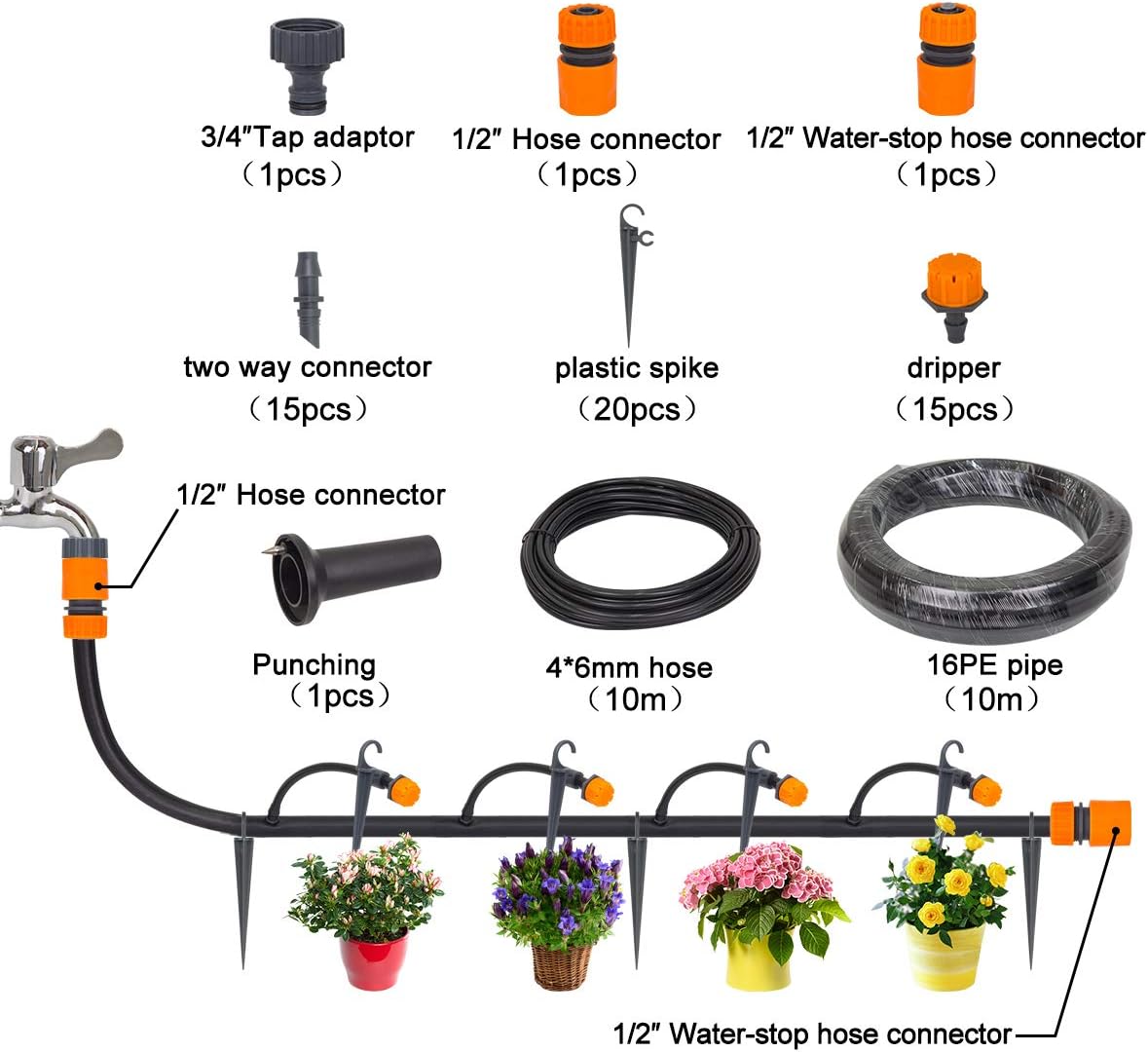 Black Friday - 80% OFF Garden Adjustable Plant Watering Drip Irrigation Kits with 1/4”Blank Distribution Tubing Hose 、 1/2” PE Hose and All Accessories.Watering System Set for Garden Greenhouse, Flower Bed,Patio,Lawn