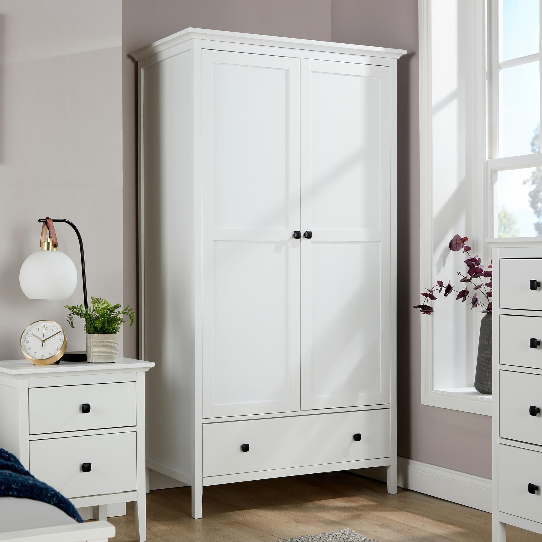Home Source Bedroom 2 Door 1 Drawer Wardrobe, Clothes Hanging Rail, Storage Shelf, White