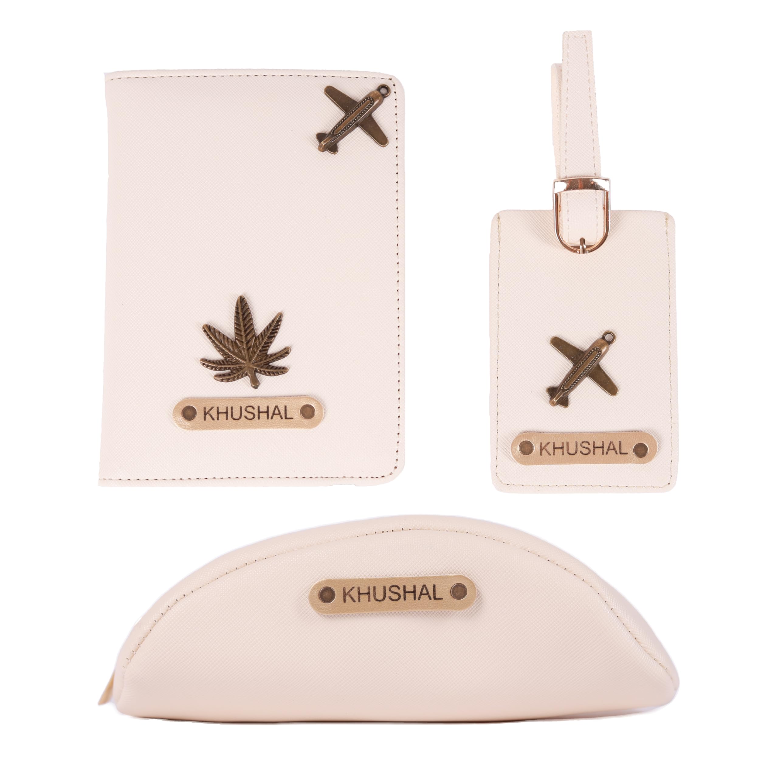 3 Piece Personalized Gift Set Combo of Vegan Leather Passport Cover, Sunglasses Cover & Luggage Tag with Customised Name & Charm | Bulk Gifting Option (Cream)-image-0