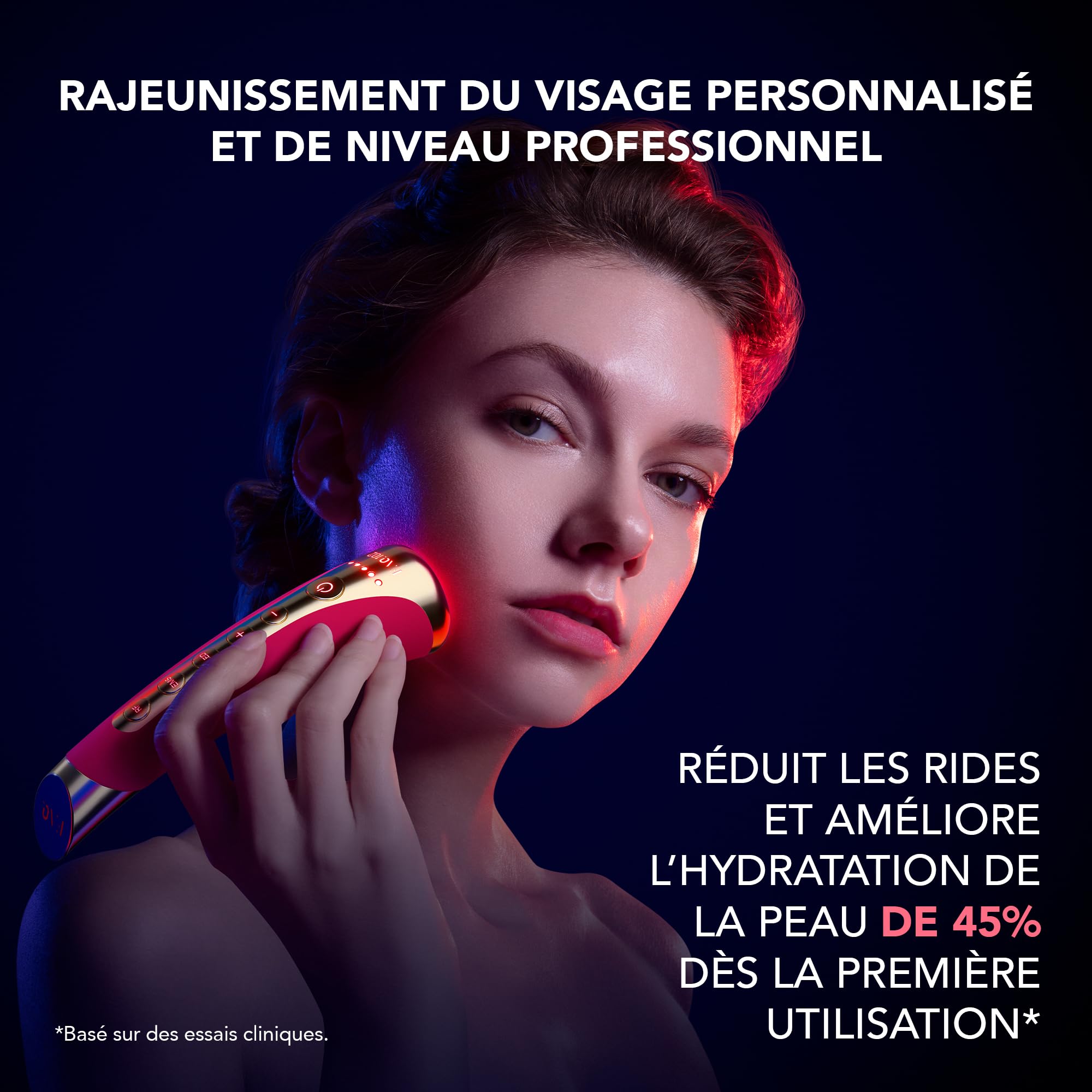 FAQ 102 Appareil Visage EMS, RF & 8 LED - Massage Lumière Rouge, Pink Ruby