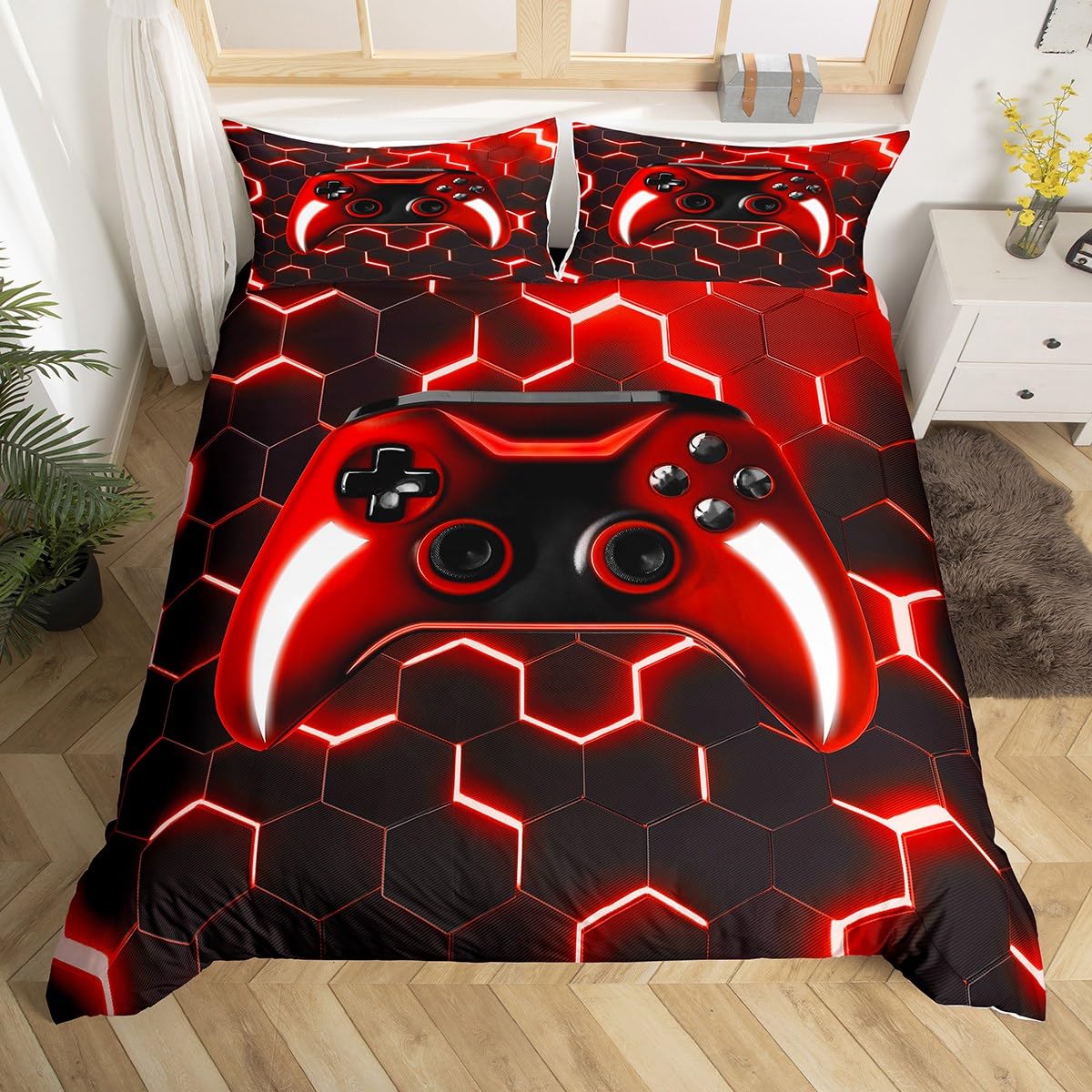 Homewish Boys Gamer King Size Duvet Cover Set including 2 Pillowcases, Kids Gaming Gamepad Bedding for Teenage Bedroom Decor