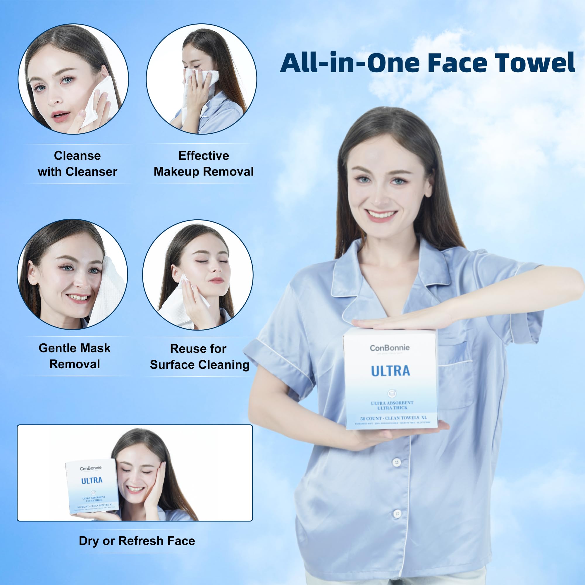 Toallas faciales desechables XL, Ultra Ed., 10 x 12 pulgadas, toallas faciales de base biológica, toallas faciales extra gruesas, suaves y grandes, toallitas secas para todo tipo de piel, pañuelos