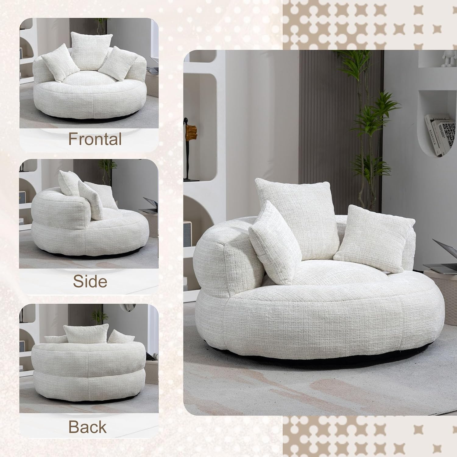 Giant Bean Bag Chairs for Adults, Oversized Beanbag Round Couch, Lazy Floor Sofa with 3 Pillows, Chenille Boneless Chair, Memory Foam Bean Bag Chairs for Living Room Bedroom, No Assembly (Beige)