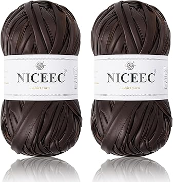 NICEEC 2 Skeins Metal T-Shirt Yarn, Bright, Glossy, Crochet & Knitting, Fabric Cloth Yarn with Single-Side Color, Handmade DIY Craft Bag Basket Cushion-Totle Length 64yds7.1oz - Coffee