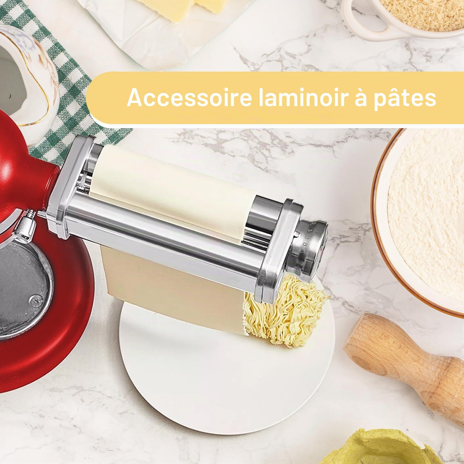 Accessoire Pâtes Inox 304 pour Robot Kenwood, Machine à Pâtes avec Bouton, 8 Épaisseurs Réglables, Laminoir à Pâtes pour Accessoires Kenwood Kmix/Chef, Argent