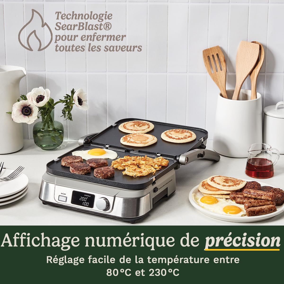 Cuisinart 6-en-1 Grill, Griddle & Gaufrier Grill de contact, Griddle, Plaques à gaufres | Plaques réversibles antiadhésives | Affichage numérique | SearBlast® | Charnière réglable