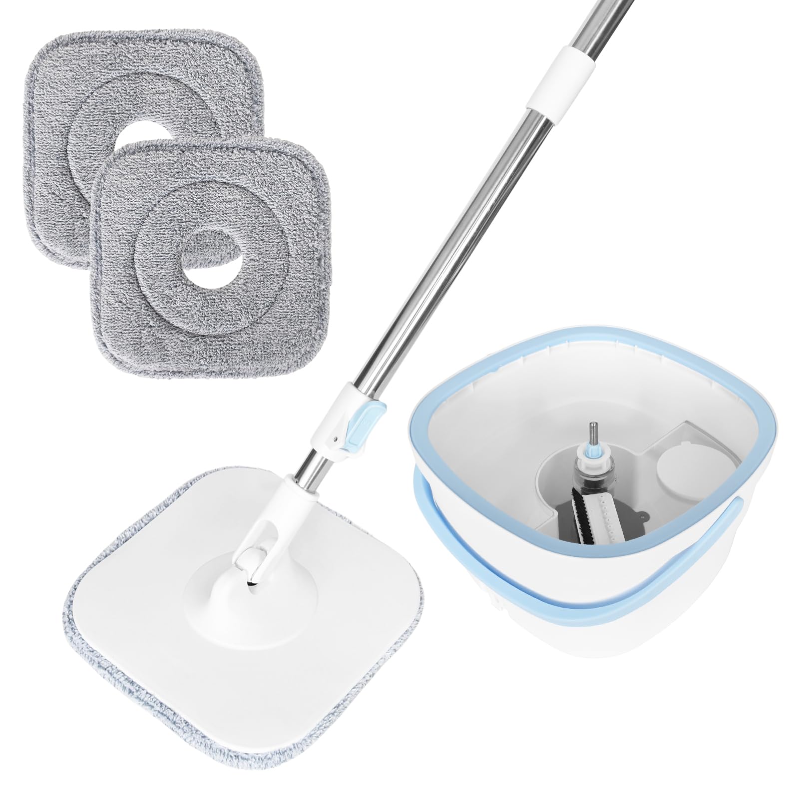 Set Mocio Lavapavimenti con Secchio Lavapavimenti a 2 Camere, Mocio Piatto con Separazione Acqua Sporca/Pulita, Mocio Rotante a 360° per Tutti i Pavimenti, Include Panno in Microfibra