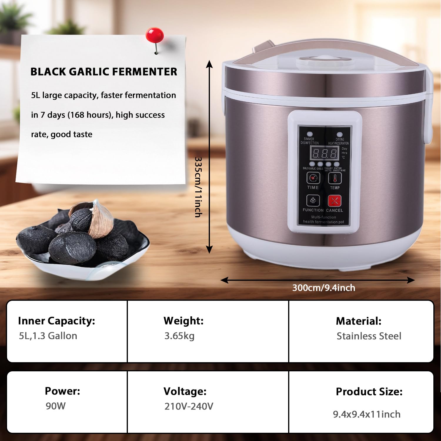 Máquina de fermentación de ajo negro 5L, fermentador de acero inoxidable 2 capas, 168h rápida