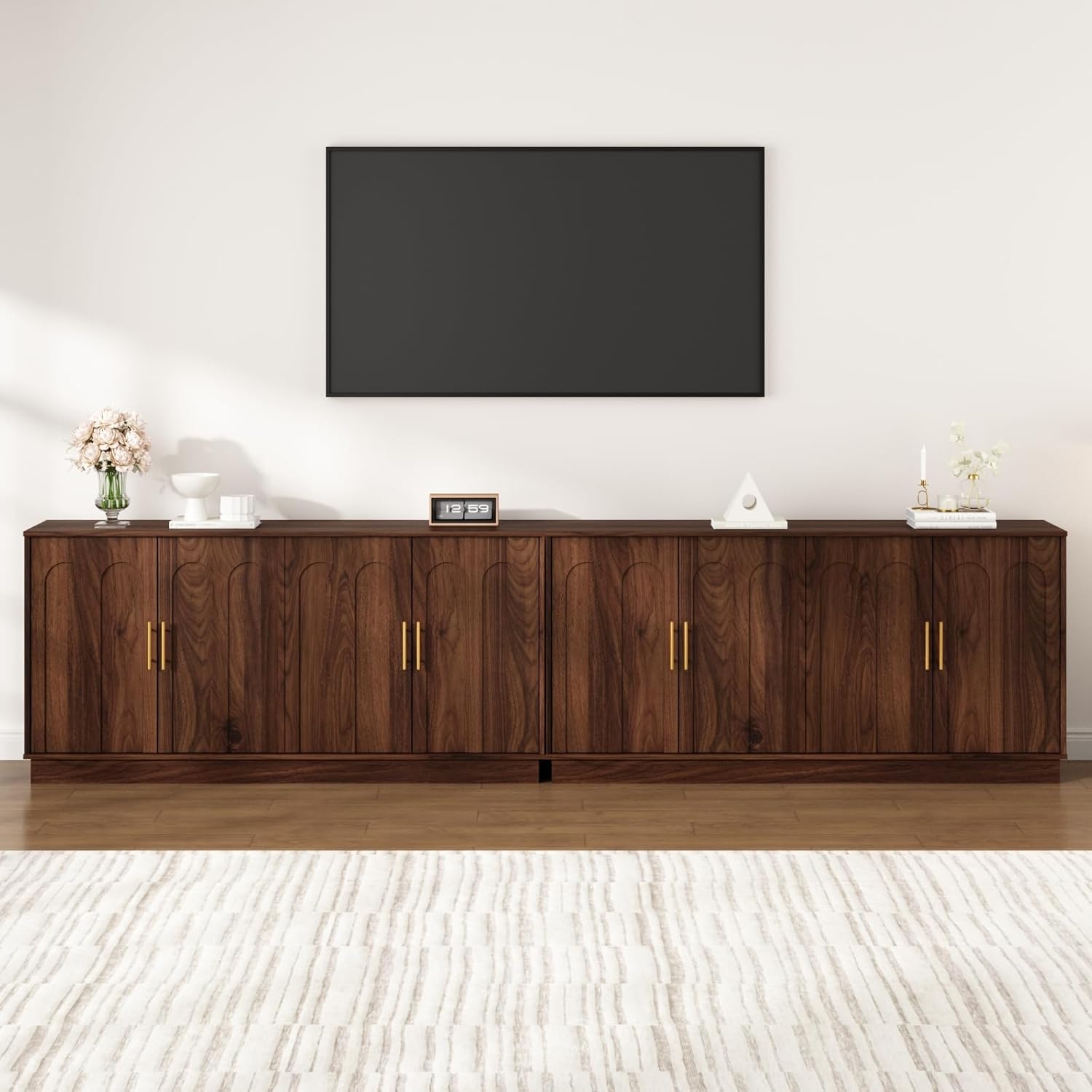 64.9" Sideboard Buffet Cabinet with Storage, Modular Credenza Coffee Bar with Arched Doors and Adjustable Shelves, Long Media Console for Kitchen, Living Room, Entryway, Walnut
