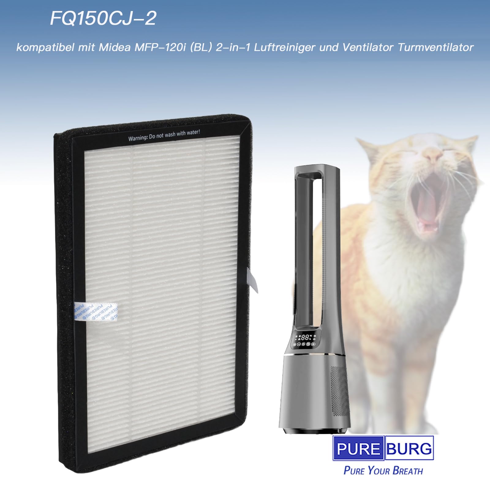 PUREBURG Ersatzfilter kompatibel mit Midea MFP-120i (BL) 2-in-1 Luftreiniger und Ventilator Turmventilator,4er-Pack HEPA Luft sauber