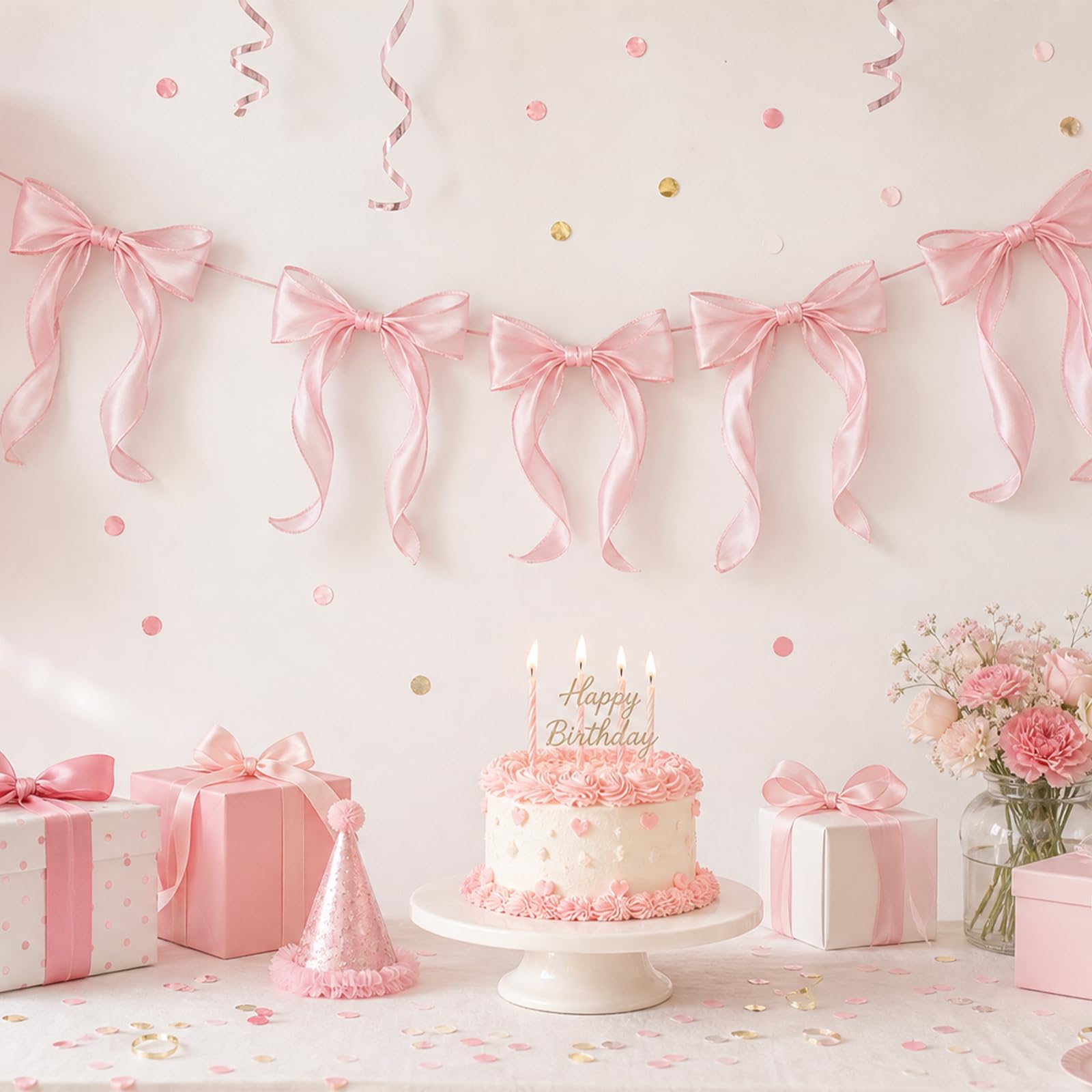 2 Pcs Pink Bow Garland Banner, 2m Tulle Ribbon Bows Bunting for Coquette Room Decor, Birthday Party Decorations, Bridal Shower, Wedding, Girl Bachelorette Accessories