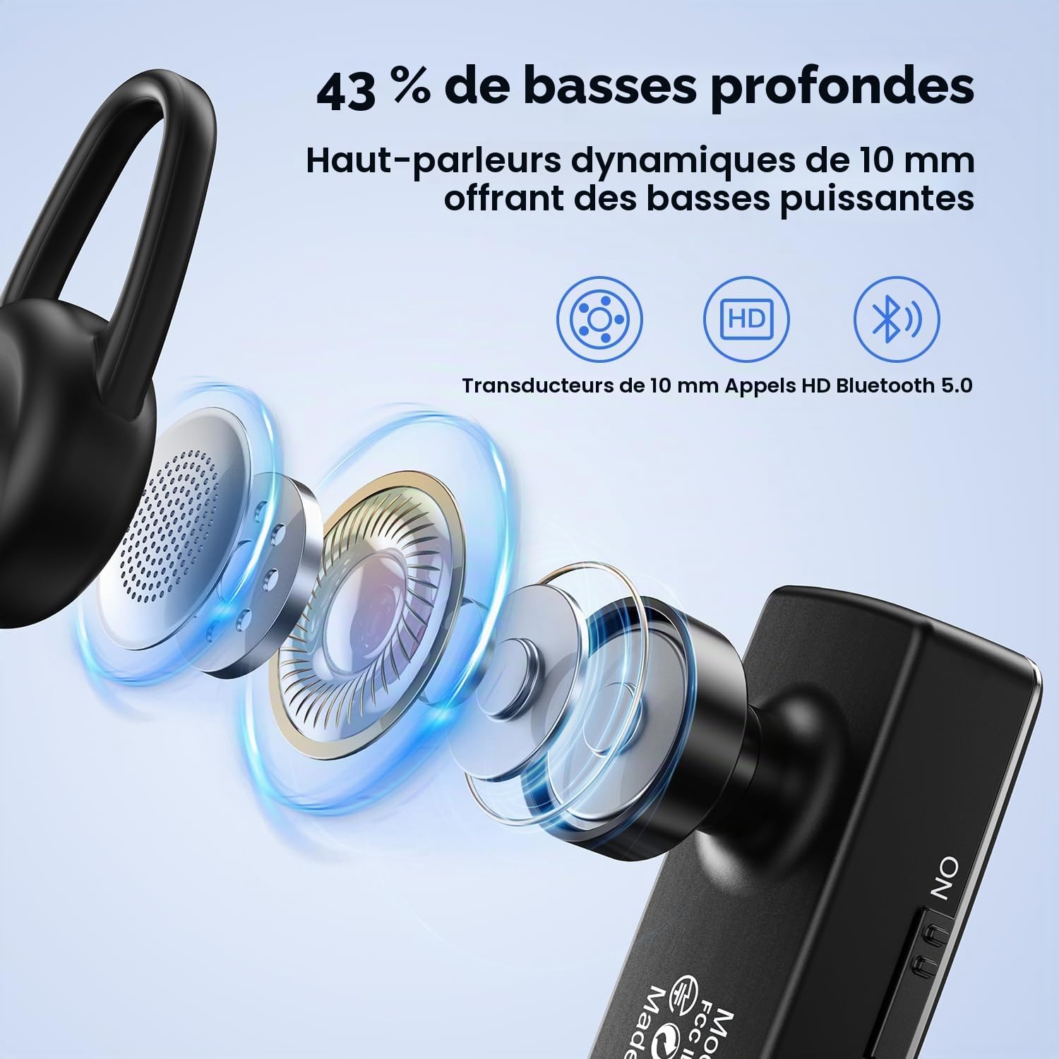 New Bee Oreillette Bluetooth V5.0 Main Libre avec Technologie de Capture de Voix Claire - Kit Invisible pour iPhone Samsung Huawei Sony, etc (Noir)