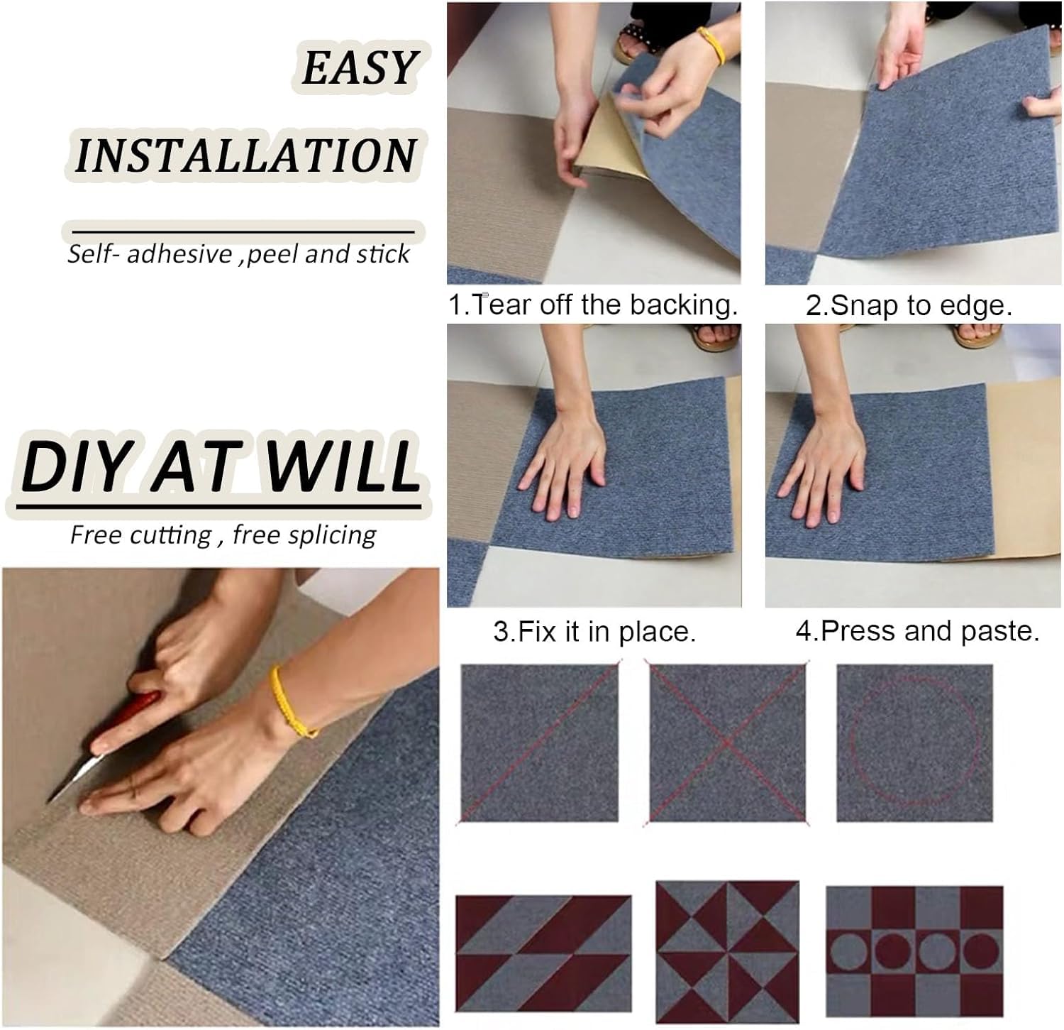 Dalles de Moquette for la Maison Dalles de Moquette Auto-adhésives polyvalentes 12X12 Pouces, insonorisées, à décoller et à Coller, faciles à Installer, Tapis de Sol antidérapant, 24 pièces | Apricot