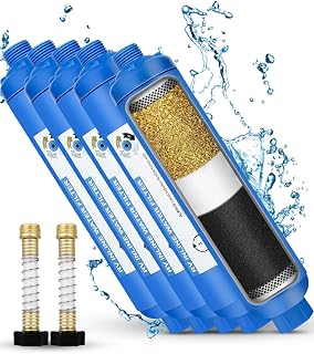 RV Inline Water Filter with 2 Flexible Hose Protector, Reduces Chlorine, Bad Taste, Rust, Corrosion, Sediments, and Turbidity, Ideal for RVs, Garden, Car Washing, Gardening, Planting, 4 Pack