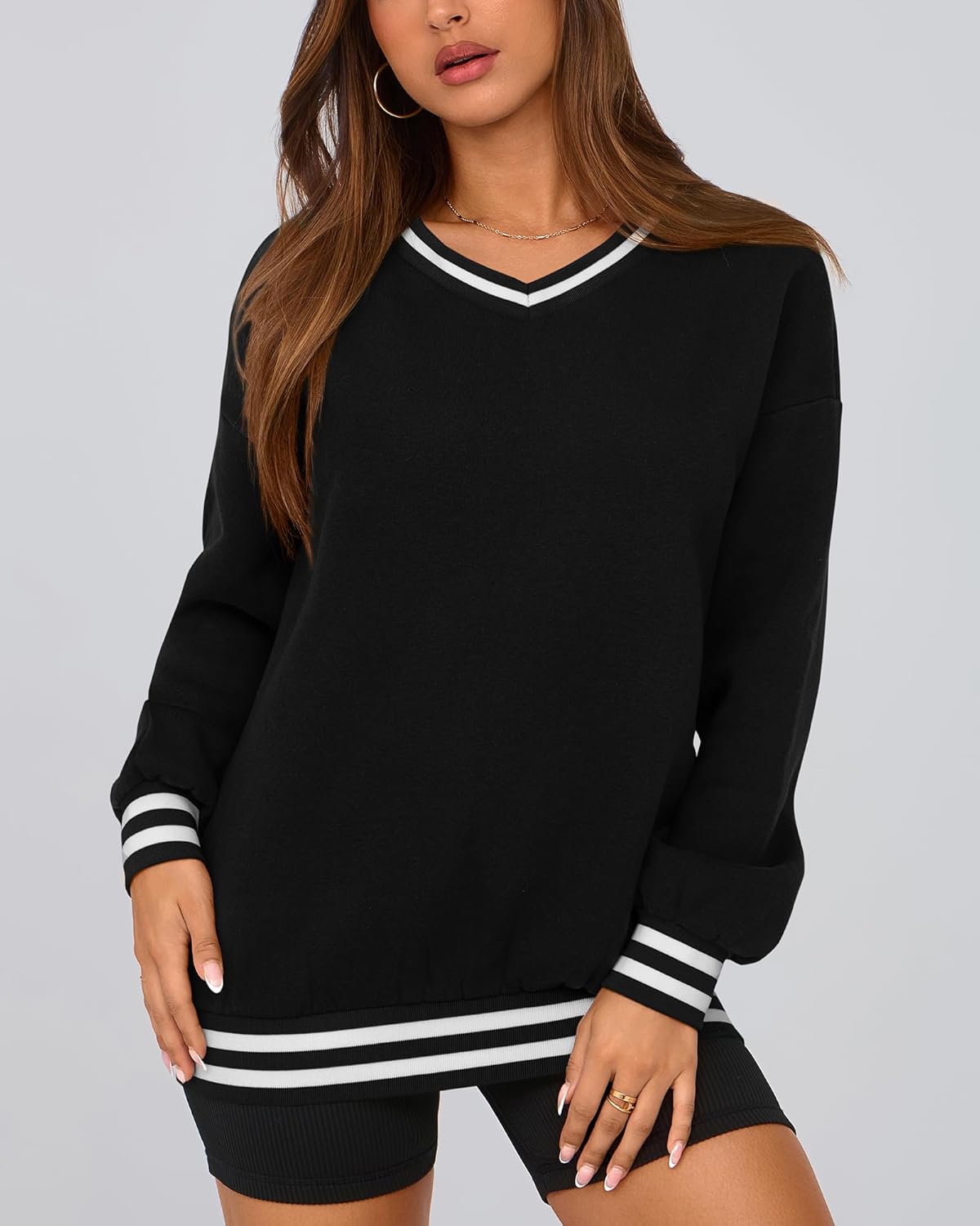 PRETTYGARDEN Women's Oversized Sweatshirts Casual Long Sleeve Stripes Knit V Neck Pullover Top Spring Preppy Clothes - Image 2