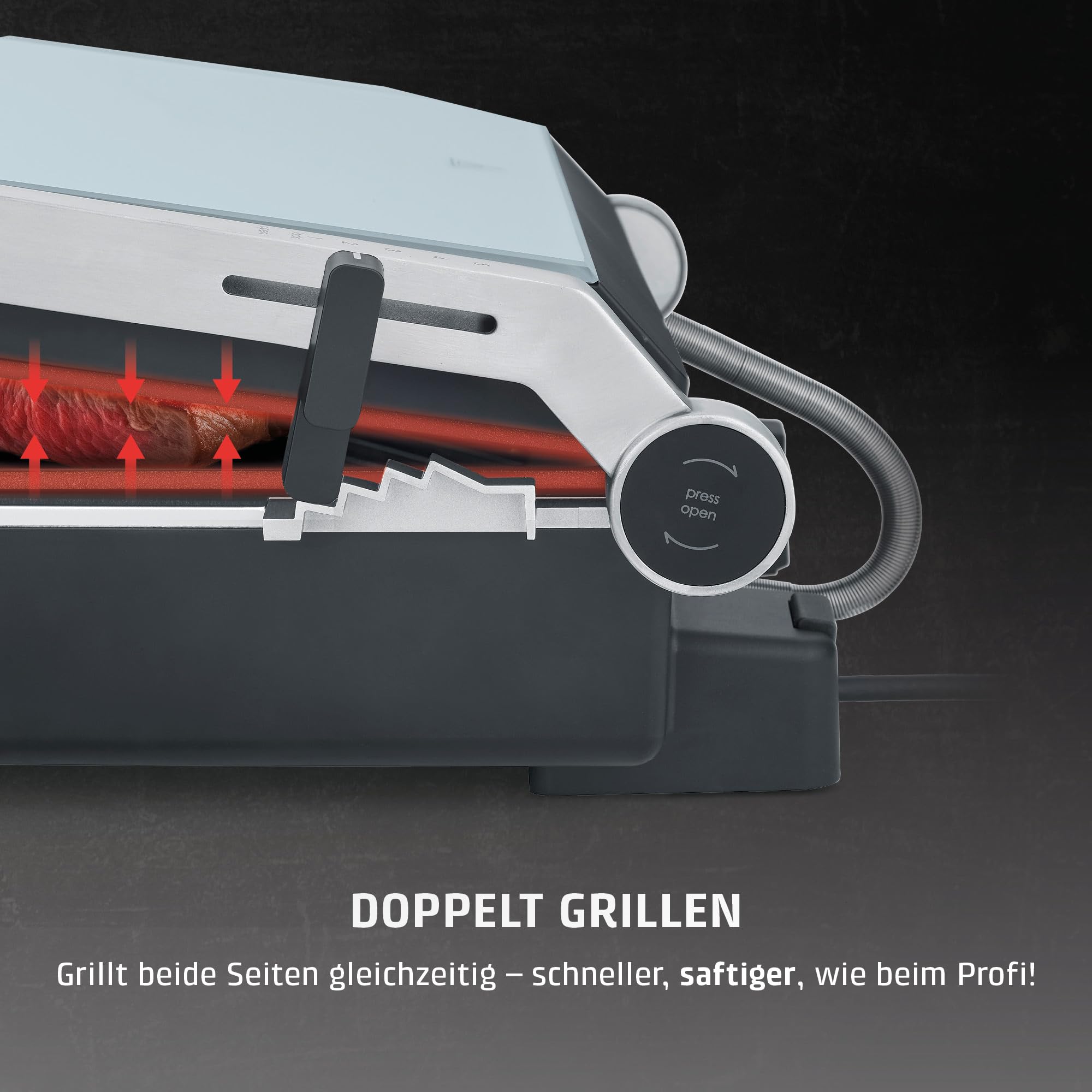 CASO SteakChef - Doppel-Kontaktgrill, Antihaftbeschichtung, 100-220°C | Testurteil sehr gut (ETM 04/2026), aufgeklappt als Tischgrill nutzbar, Steak, Sandwich, elektrischer Grill 2000 Watt